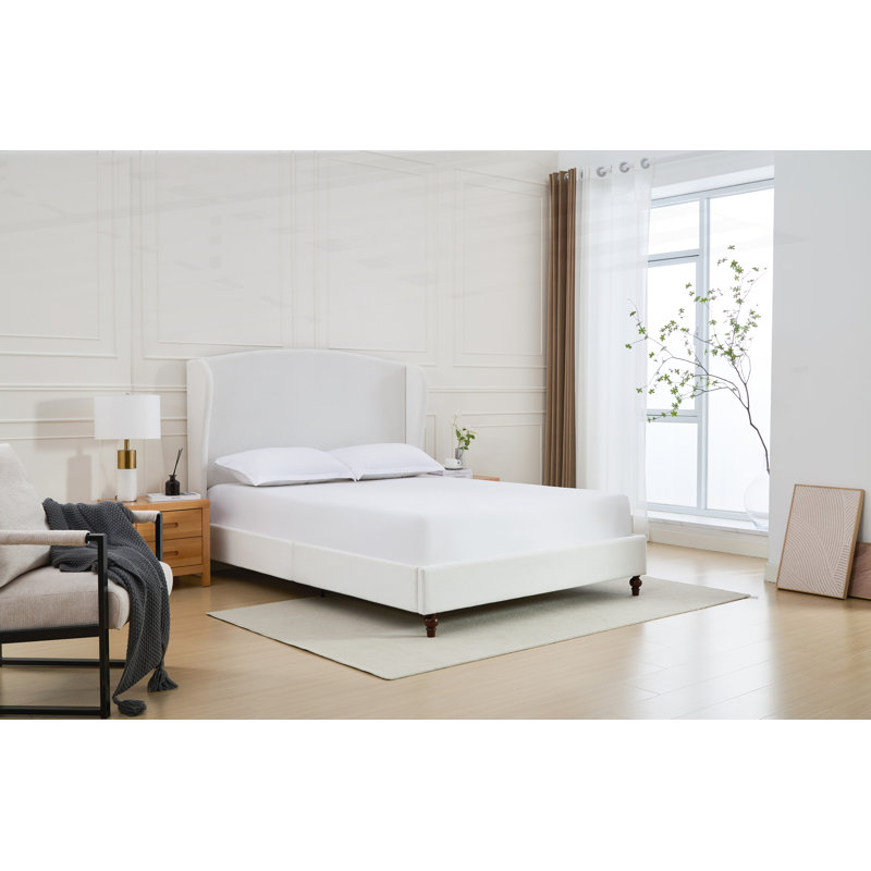 Lit à oreilles tapissier Kokoruda, Très grand lit, Blanc crème, pieds incorrects