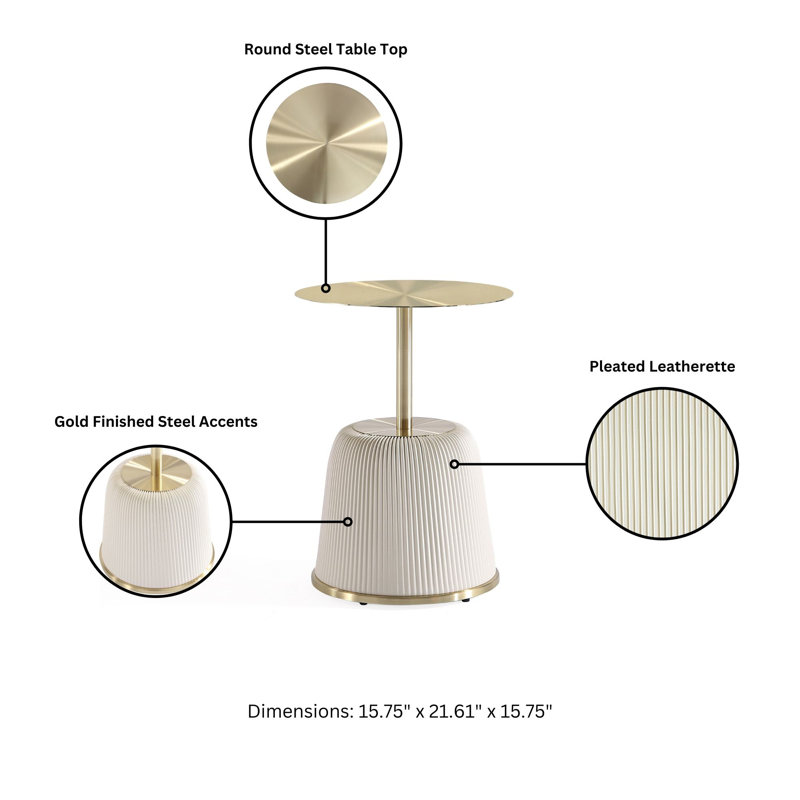 Anderson Modern Vegan Leather Upholstered End Table with Stainless Steel Top in Cream, Cream