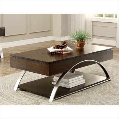 Table basse à plateau relevable de 47,75 pouces avec tablette, bois de ton brun et acier inoxydable, style moderne