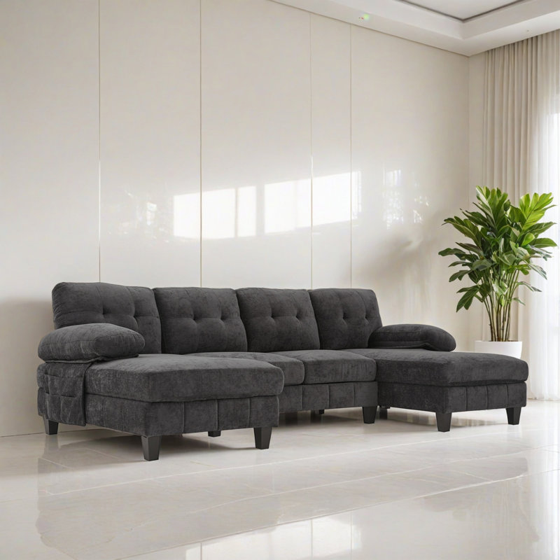 Canapé modulaire en U rembourré de 103,52 po avec méridienne pour salon, Chenille noir
