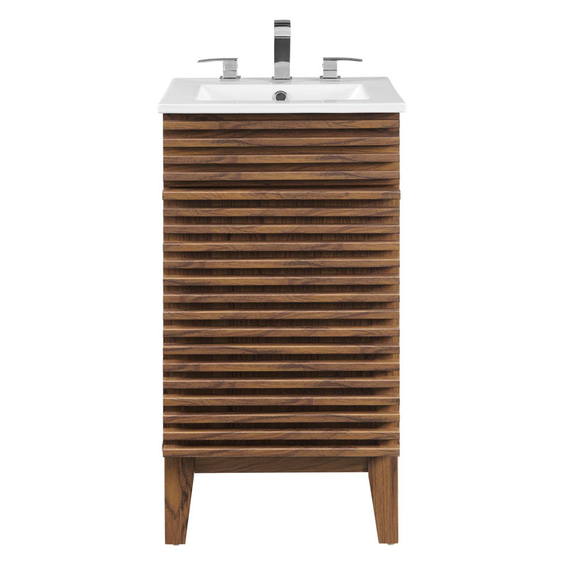 Walnut and White Mid-Century Modern Bathroom Vanity with Ceramic Sink