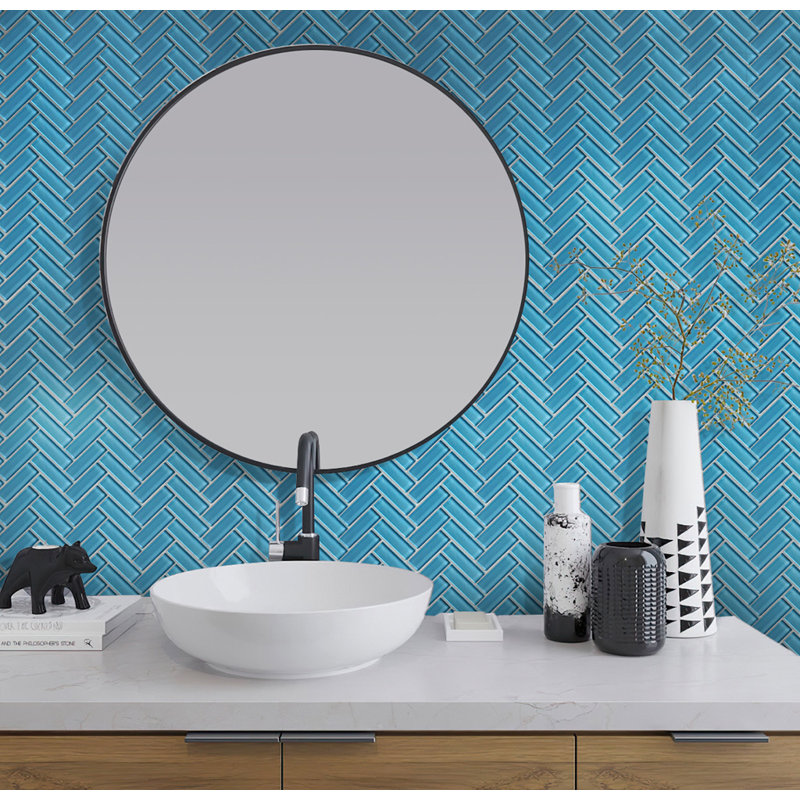 11"X 12.6" Herringbone Polished Glass Mosaic Tile, Sea Blue