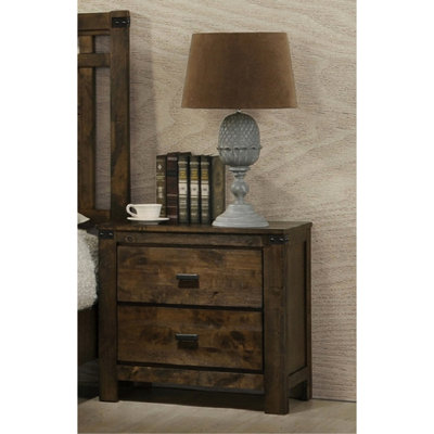 Table de chevet pour chambre à coucher en brun rustique - Bois massif avec menuiserie et poignées en métal