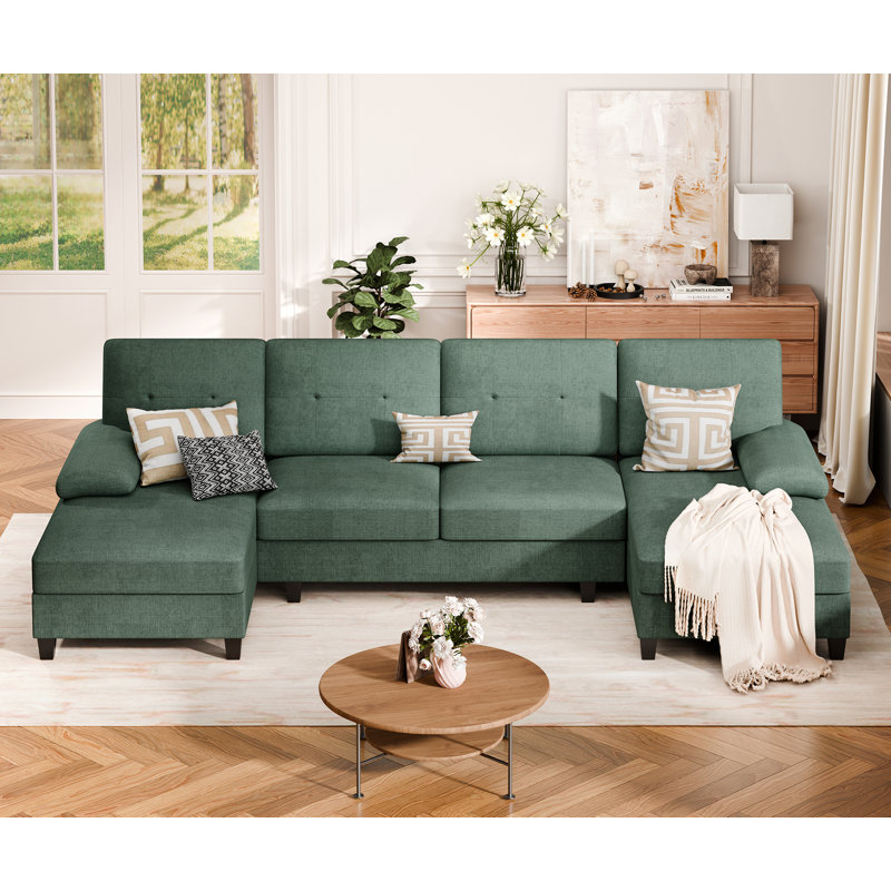 3-Piece Modular Upholstered Sectional Couch, Turquoise Cotton Blend