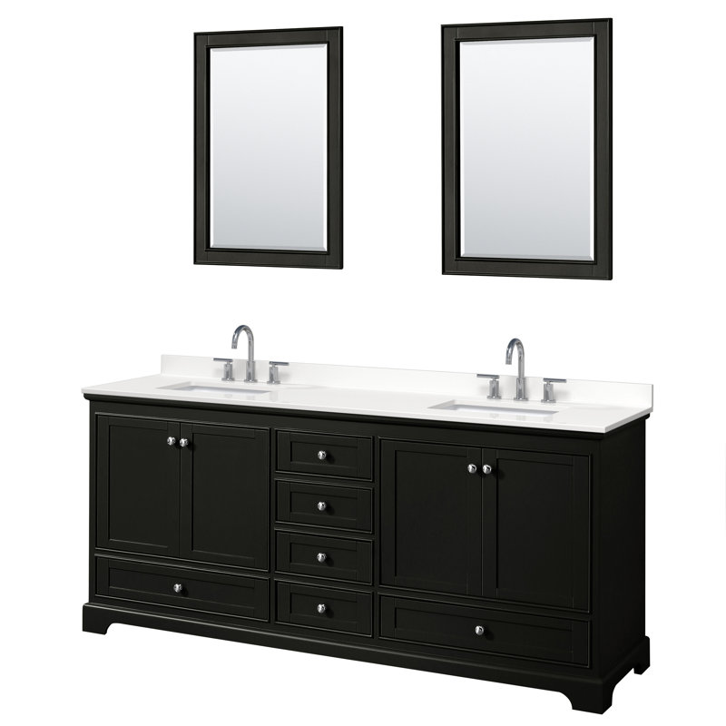 Ensemble de meuble-lavabo double autoportant Deborah avec plateau en quartz et miroir, WDX13668, Espresso foncé, Chrome poli