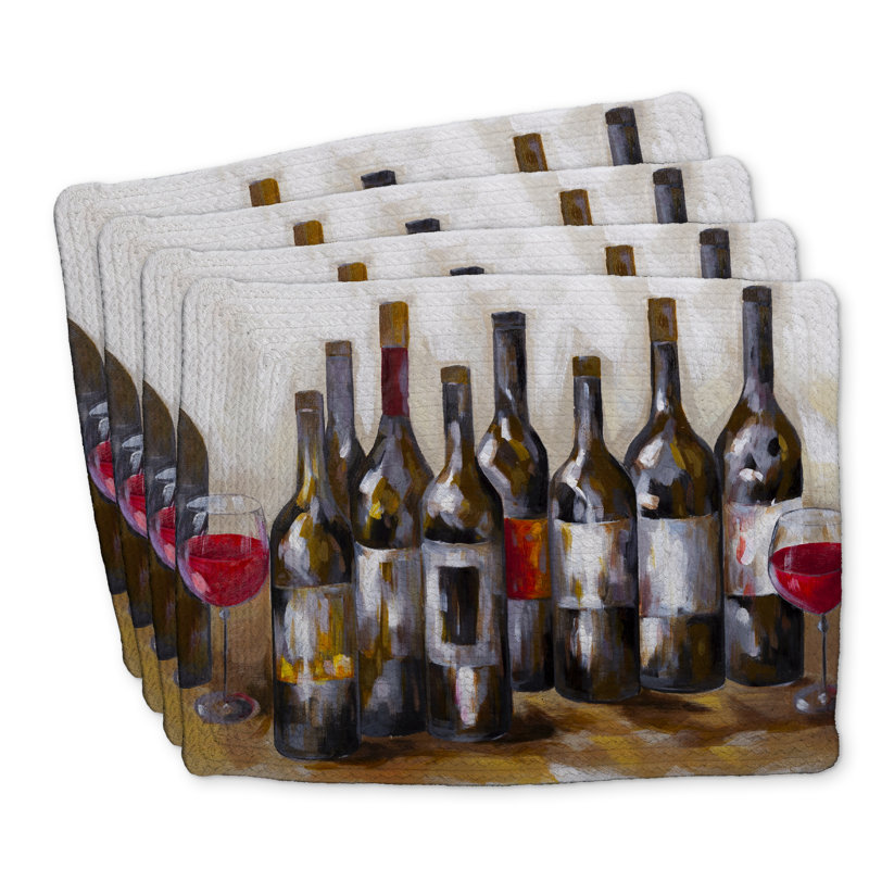 Ensemble de 4 napperons en polyester tressé - décor de bouteilles de vin rouges