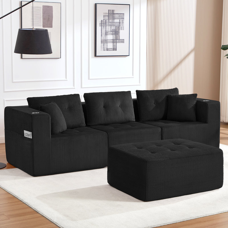 Versatile 100" W Cloud Sectional Sofa with Cup Holders - No Assembly Required, Perfect for Any Space, Black