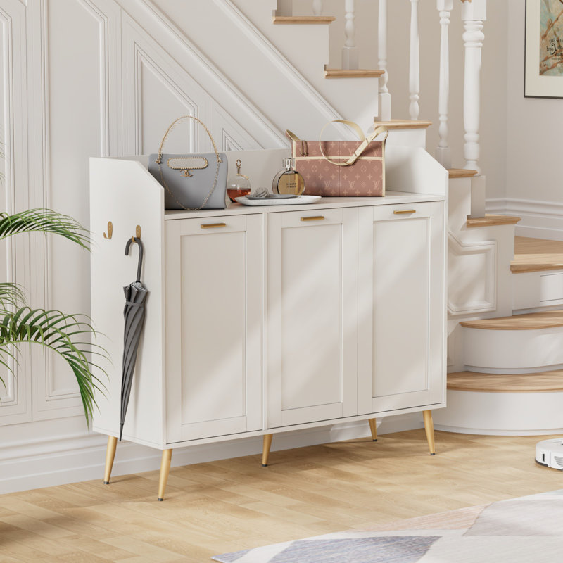 3-Tier Shoe Storage Cabinet With Doors, Farmhouse Shoe Rack With Adjustable Shelves & Side Cabinets, 42 Inch Tall Freestanding Organizer Cabinet Storage For Entryway Hallway Living Room Closet