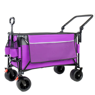 Multi-Functional Push-Pull Folding Wagon Cart with Rotating Handle & Canopy, 7''x4''All-Terrain Wheels & Brakes, Load Capacity 480lbs, 300L Large Capacity for Transport, Groceries, Outdoor Use, Purple