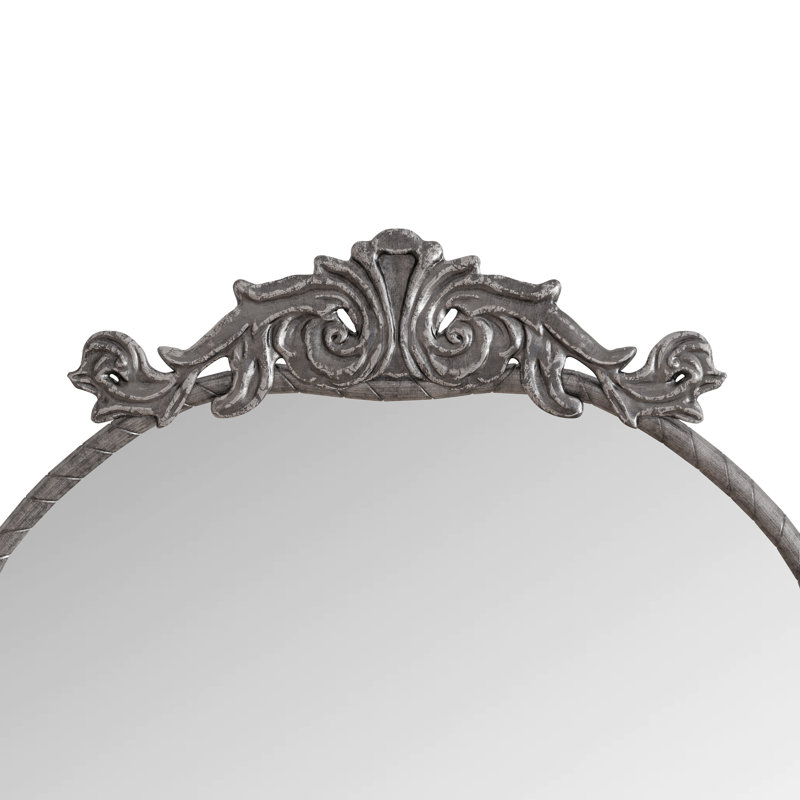 Modern 58"X24" Arched Full Body Mirror With Vintage Ornate Carved Applique On Top And Bottom, Antique Silver