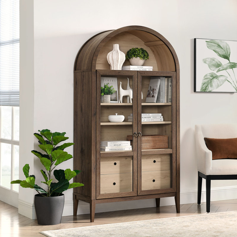 Nolan 74" Walnut Light Oak Arched Storage Display Cabinet with Glass Doors