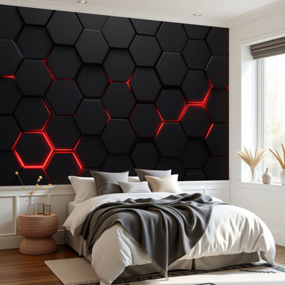 Papier peint adhésif pelez et collez Hexagon technologie noir rouge nid d'abeille futuriste 3D H 69 po x l 96 po amovible papier peint mural auto-adhésif pour chambre salon bureau à domicile