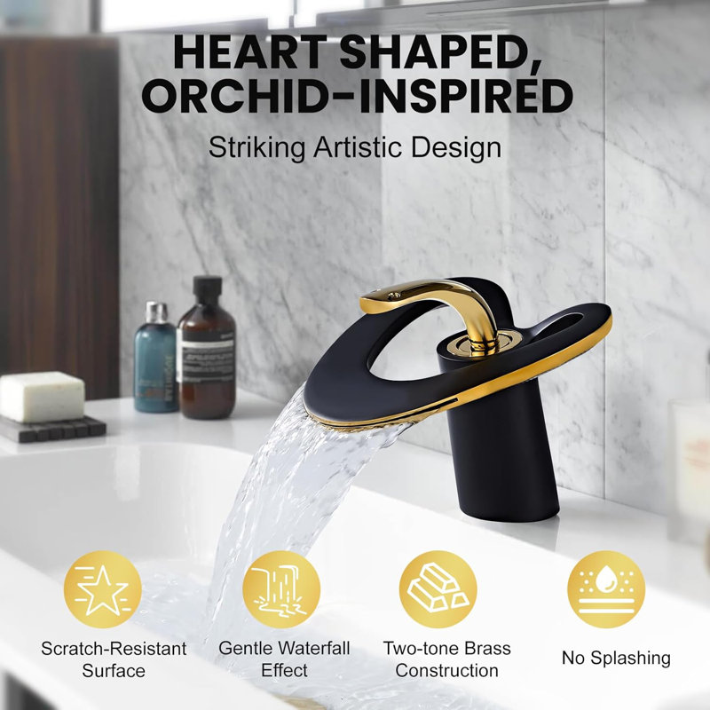 Black & Gold Swan-Style Waterfall Vessel Sink Faucet – Heart-Shaped Single-Handle Brass Bathroom Tap for 1-Hole Vanity Sinks