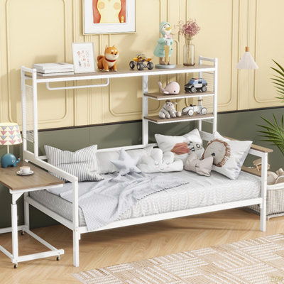Lit de jour en métal avec bureau mobile, grille en métal, tablettes et cintre