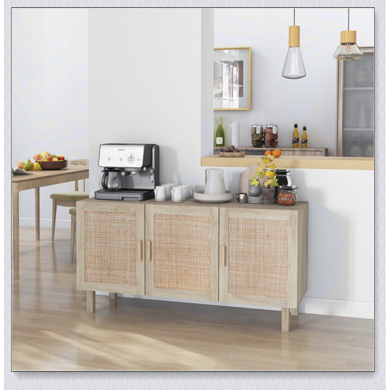 Mixed 3 Rattan Doors Sideboard Buffet Cabinet, Natural