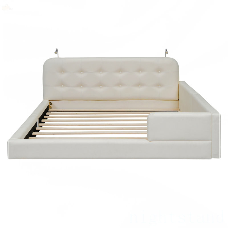 Grand lit plateforme tapissier avec 2 lampes de lecture
