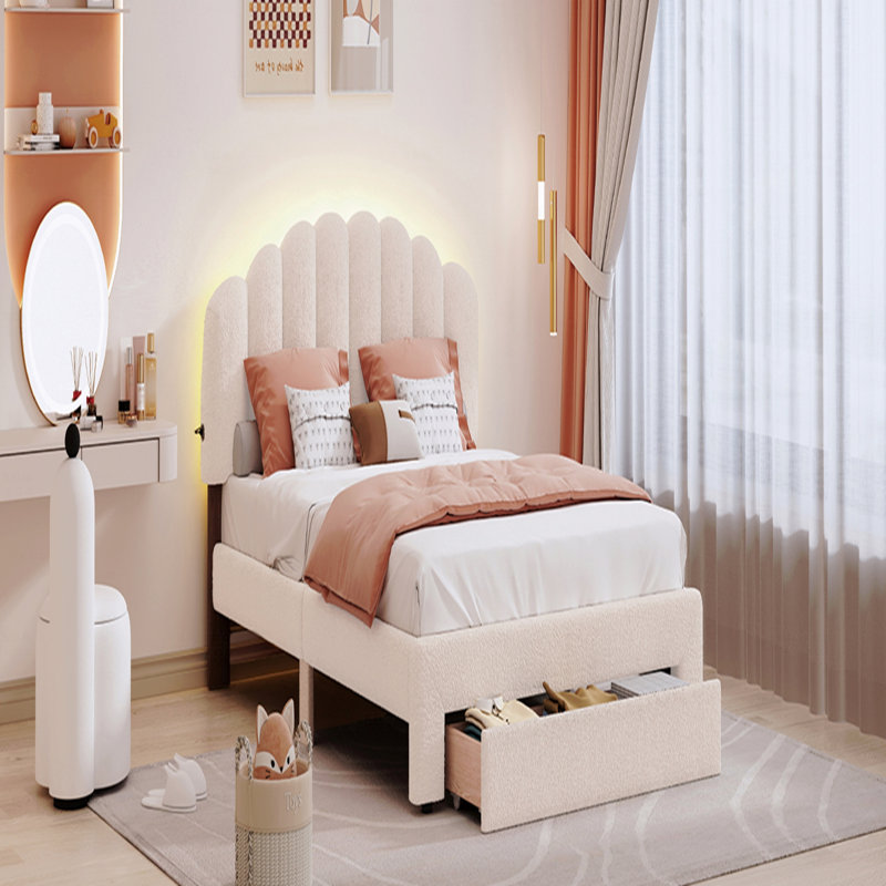 Grand lit plateforme tapissier Teddy, Beige