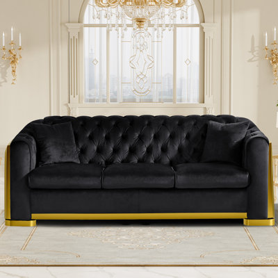 84" Velvet Sofa With Gold Metal Legs Modern Tufted Couch