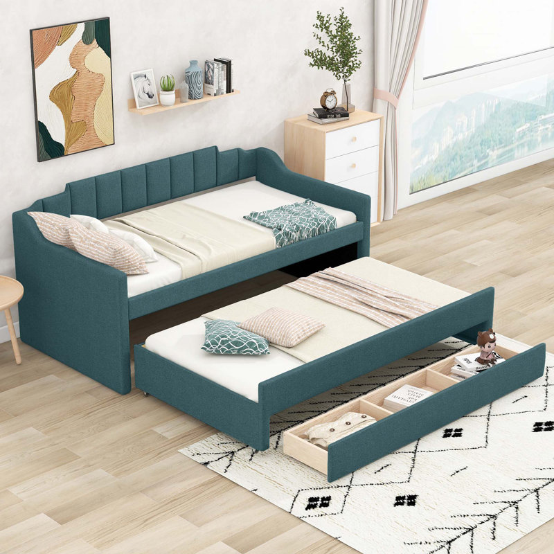 Wood Platform Bed with Trundle and 2 Drawers, Green