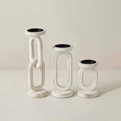 Ensemble de 3 porte-bougies colonne en bois blanc vieilli - Chandeliers rustiques pour table de salle à manger, console et décor de maison de campagne