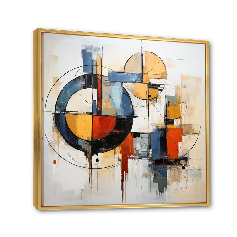 «Mid I Century» abstrait coloré Fusion I - art abstrait Mid-Century, H 24 po x l 24 po x P 1 po, Cadre flottant doré
