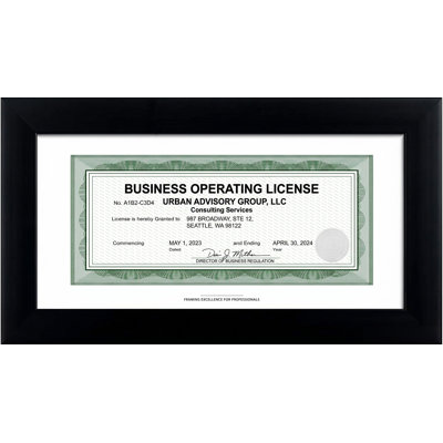 Black Business License Frame, 5x10 Document Frame with Mat for 3.5x8, Shatterproof Plexiglass, Wall or Tabletop Display