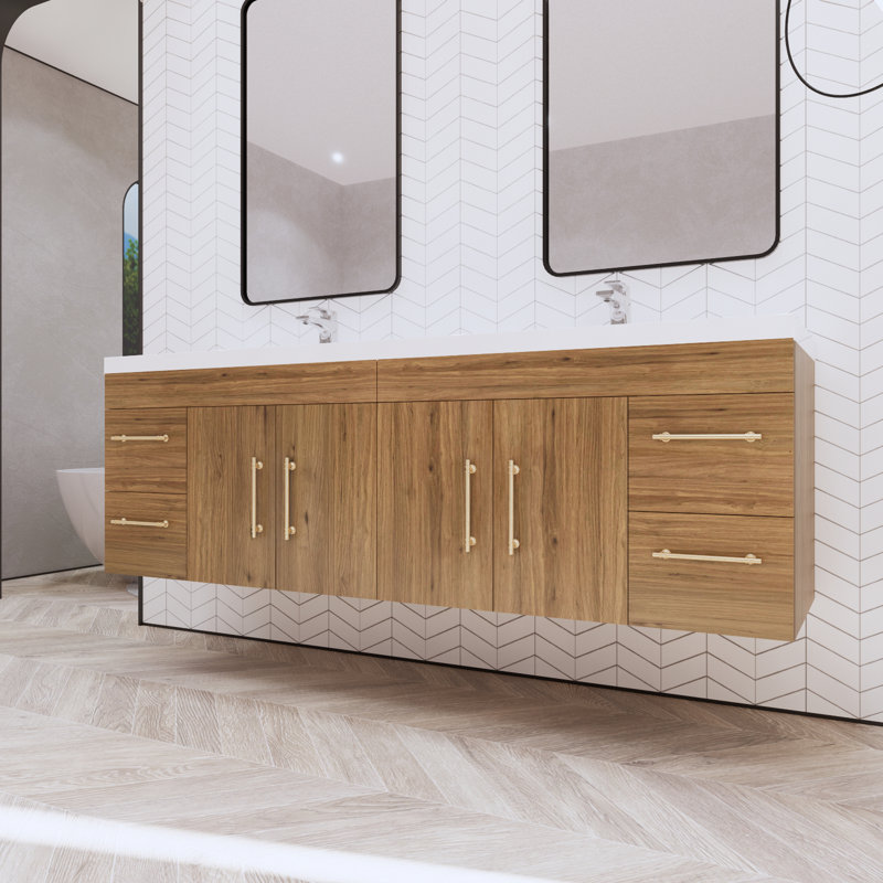 Bensley 70.5" Wall-Mounted Double Bathroom Vanity Set, Natural Oak