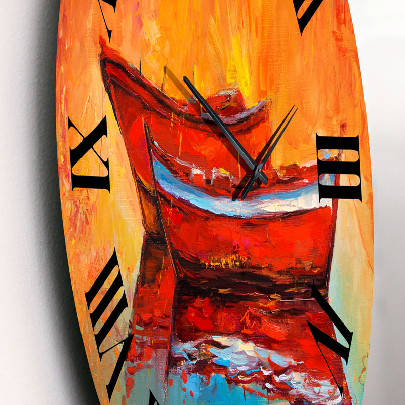 Deux bateaux rouges pendant la soirée - horloge murale nautique et côtière, Petit