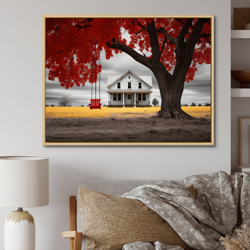 Masazumi " Farmhouse Red And Grey Harmony III ", 16" H x 32" W, Cadre naturel flottant