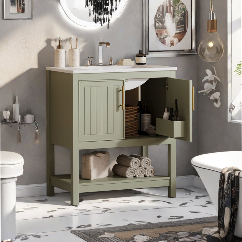 Meuble-lavabo simple 30 po avec lavabo en céramique et rangement Bomani, Vert