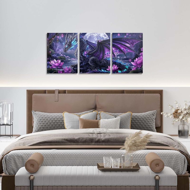 Western Dragon Canvas Wall Art Set Of 3 Pieces, Fairytale Animal Wall Decor Prints Artwork For Living Room Bedroom, Purple Lotus Flower Wall Painting Posters, Kids Room Decor 12X16 Inch