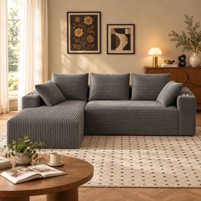 95" L-Shaped Modular Corduroy Sectional Sofa, 4-Seater Boneless Couch with Spring Pack Cushion, Convertible Sofa Bed for Living Room