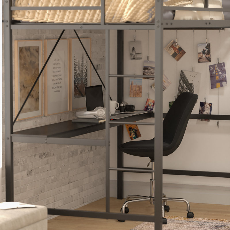 Metal Loft Bed Frame with Desk, Protective Guard Rails and Ladder, Black