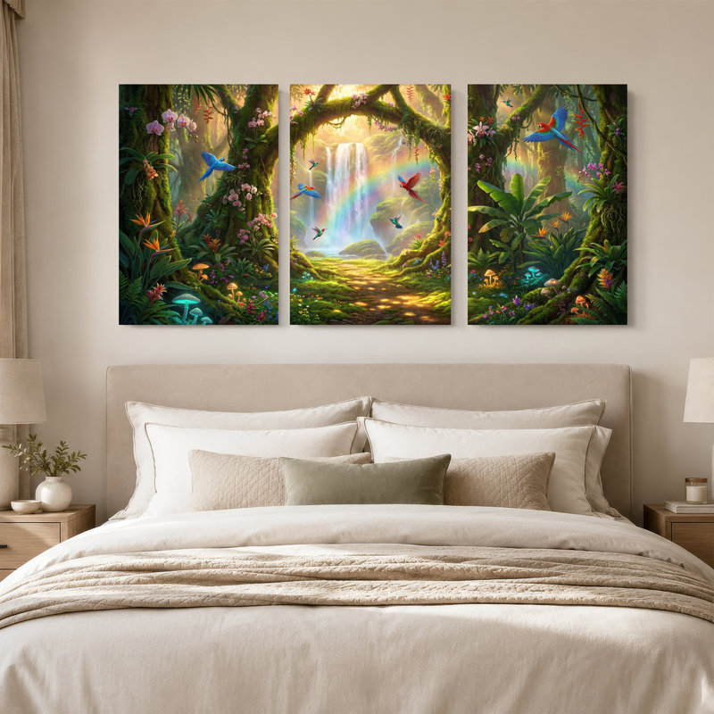 "Green Forest Waterfall" avec arc-en-ciel et ensemble de 3 toiles, H 24 po x l 16 po x 3 pièces