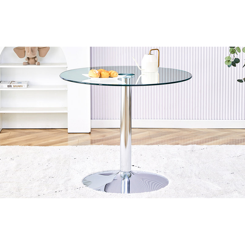 Table de salle à manger de 35 pouces en verre trempé avec structure en métal argenté et moderne, Argent argent