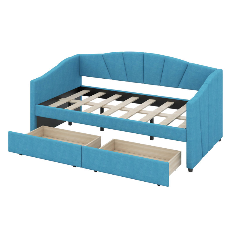 Lit de jour simple en coin avec 2 tiroirs, Bleu