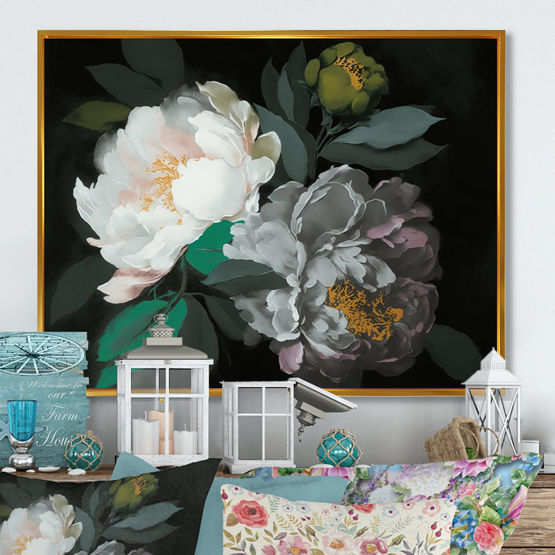 «White Blossoming Peony on Black I», reproduction sur toile, H 16 po x l 32 po x P 1 po, Cadre flottant doré