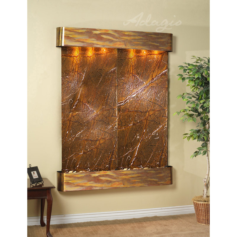 Majestic River Natural Stone Fountain with Light, Rustic Copper, Rainforest Brown Marble