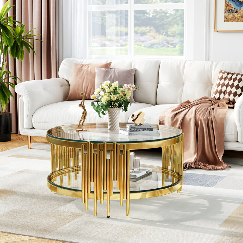 Modern Round Glass Coffee Table, 35.43” Two-Tier Tempered Glass Top And Irregular Cylindrical Stainless Steel Tube Frame