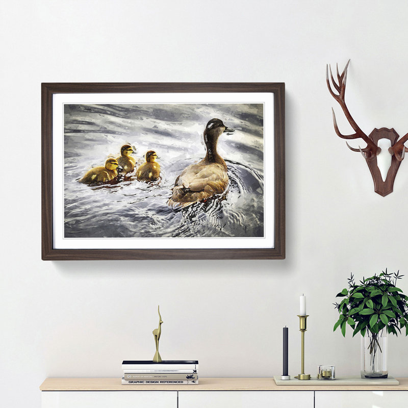 Ducklings with Mother Duck - Picture Frame Graphic Art Print on MDF, Walnut Framed, 27cm H x 36cm W x 2cm D