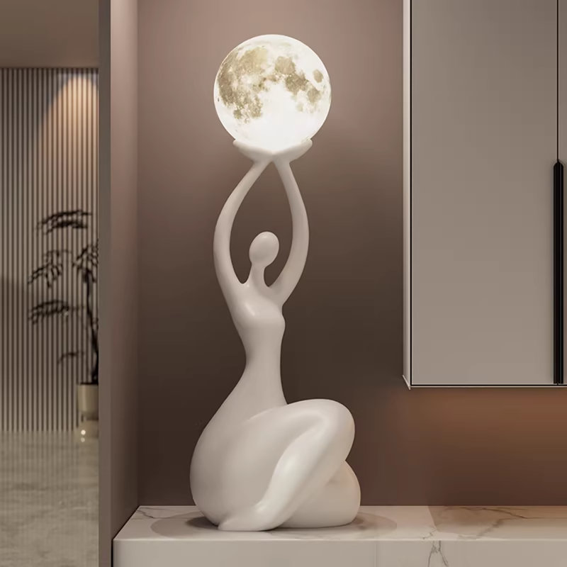Resin Decorative Statue with Rechargeable Moon Light, White