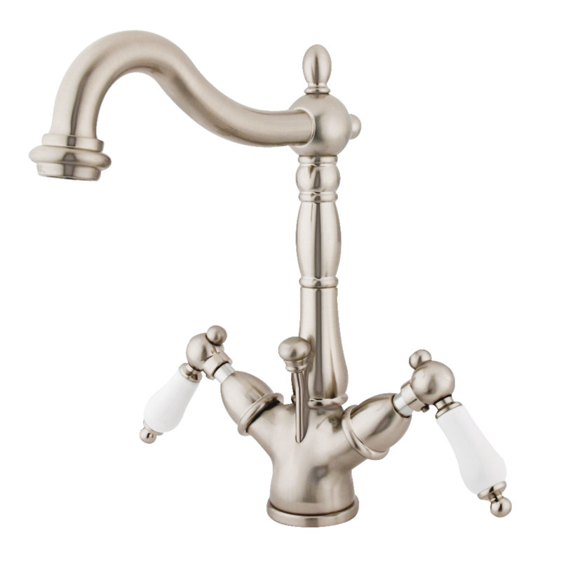 Kingston Brass Heritage Two-Handle 1-or-3 Hole Deck Mount Bathroom Faucet with Brass Pop-Up, Brushed Nickel/White