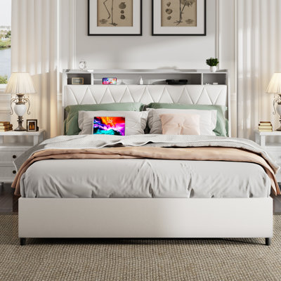 Metal Queen Bed Frame With Storage Shelf & - Noise- Size Faux Leather