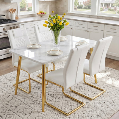 5 - Piece Modern Glam Dining Set with 47" Tempered Glass MDF Table and 4 Diamond Faux Leather Chairs, Gold Legs