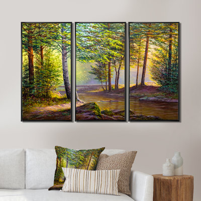 «Morning Sunlight Through The Awakening Fir Forest», peinture sur toile 3 pièces