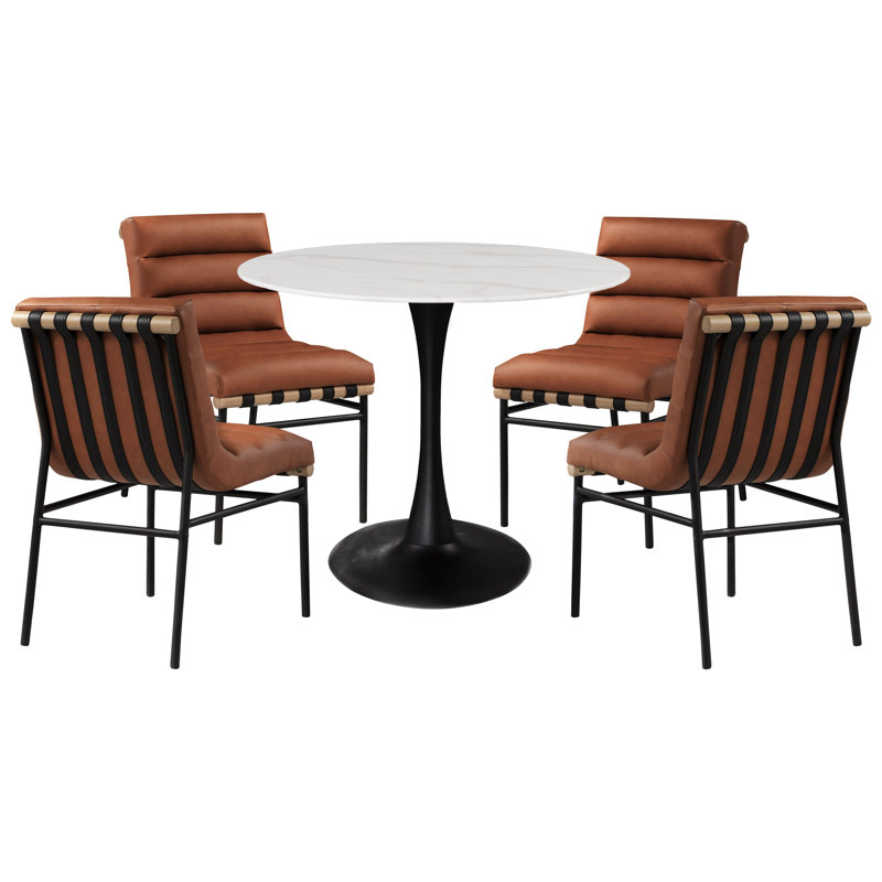 Meridian Furniture Holly Dining Table + 4 Dining Chair Set, Cognac