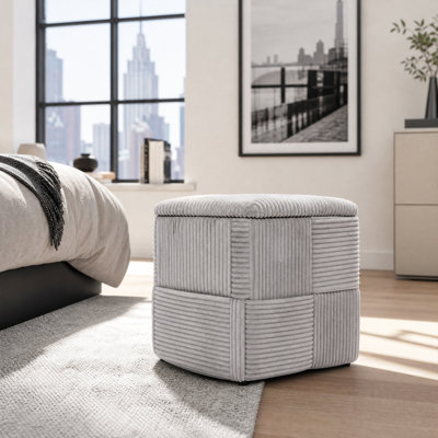Storage Ottoman with Removable Lid, Light Gray Ribbed Upholstered Cube