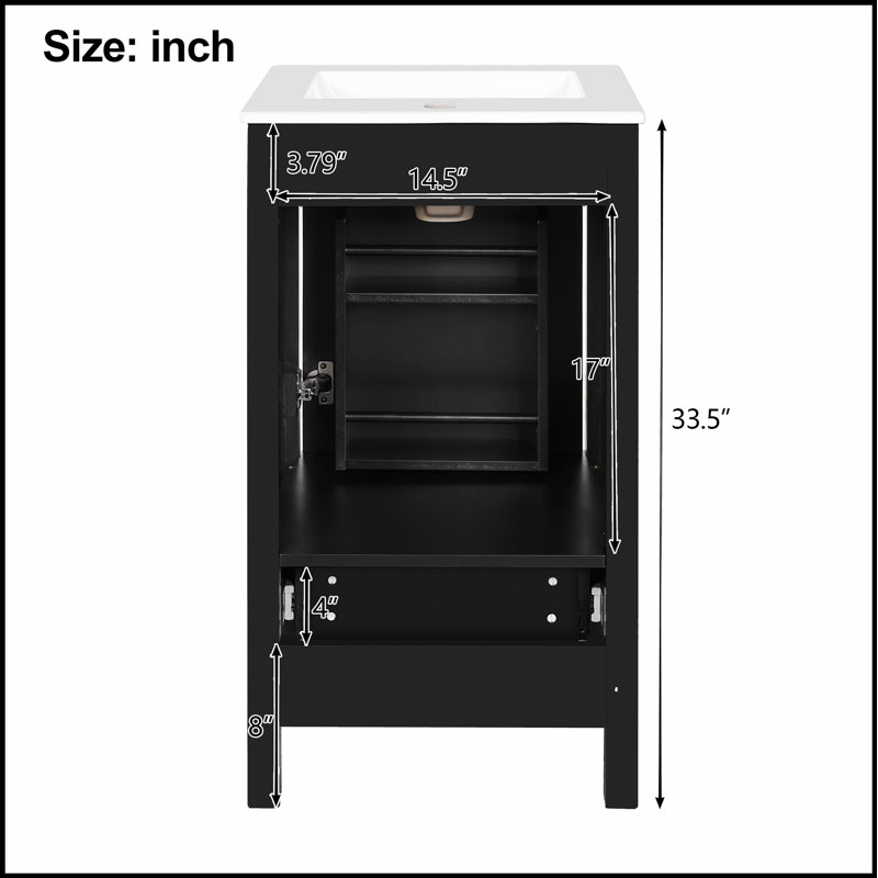 Meuble-lavabo moderne de 18 pouces avec lavabo en céramique, tiroirs à fermeture en douceur et organisateur de porte, tiroir de séparation et patins réglables en plastique - solution de rangement compacte pour les espaces étroits.