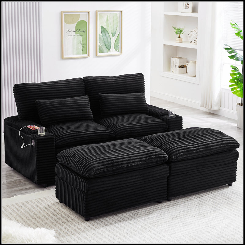 Canapé-lit convertible avec rangement, repose-pieds mobiles, ports USB et porte-gobelets pour les salons modernes, Noir