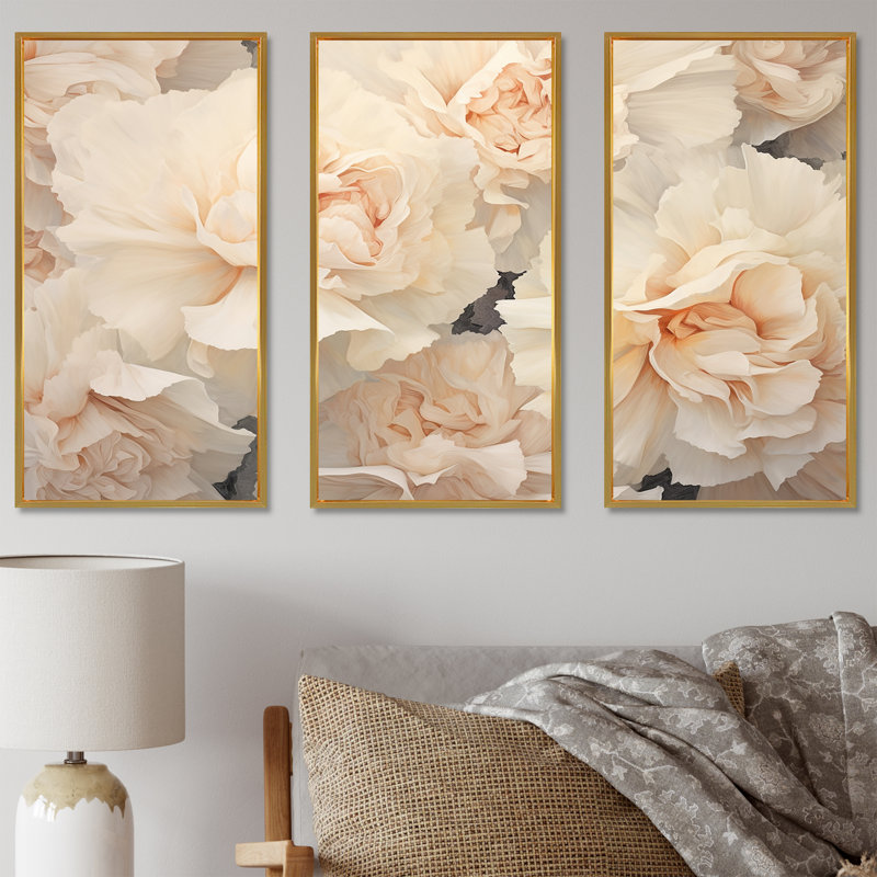 «Beige Carnations Arrangement V», ensemble d'art mural, Cadre flottant doré, H 28 po x l 36 po x P 1 po